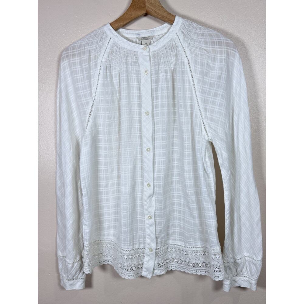 J. Crew Point Sur Womens Top Button Down Crochet Hem Coastal Preppy XS Cotton